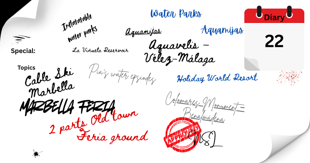 Handwritten-style episode artwork for Málaga Radio Weekly Diary Episode 22, featuring the water parks special, Marbella Feria, and venue names from across the Costa del Sol.