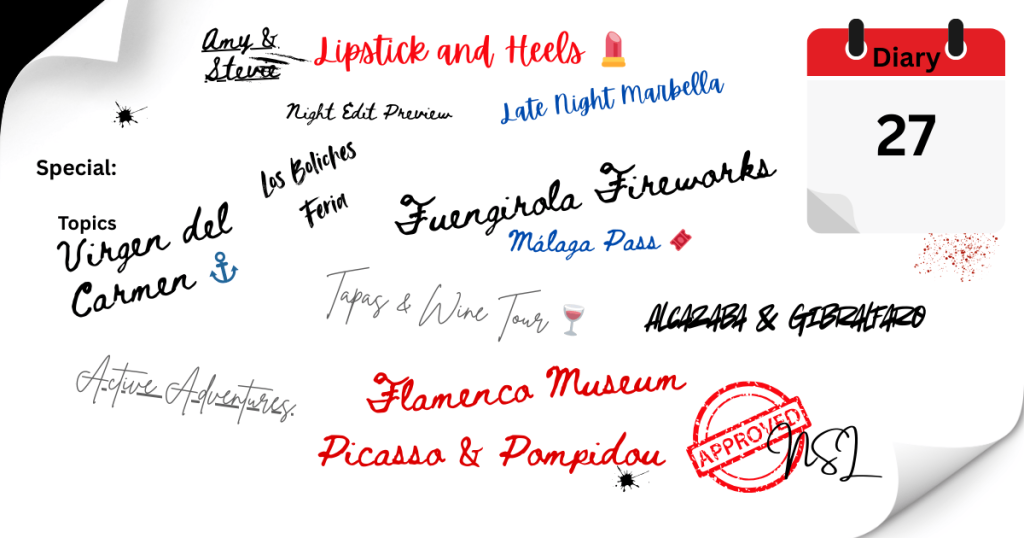 Handwritten-style image featuring keywords from Málaga Radio Weekly Diary Episode 27, including Lipstick and Heels, Virgen del Carmen, Mijas Buggy Tours, Málaga Pass, and DJ Sunset Cruise.