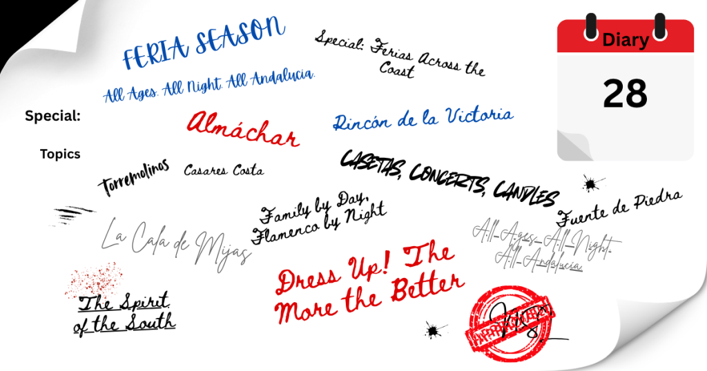 "Sketch-style thoughts board highlighting Feria season across the Costa del Sol for Málaga Radio’s Weekly Diary Episode 28."