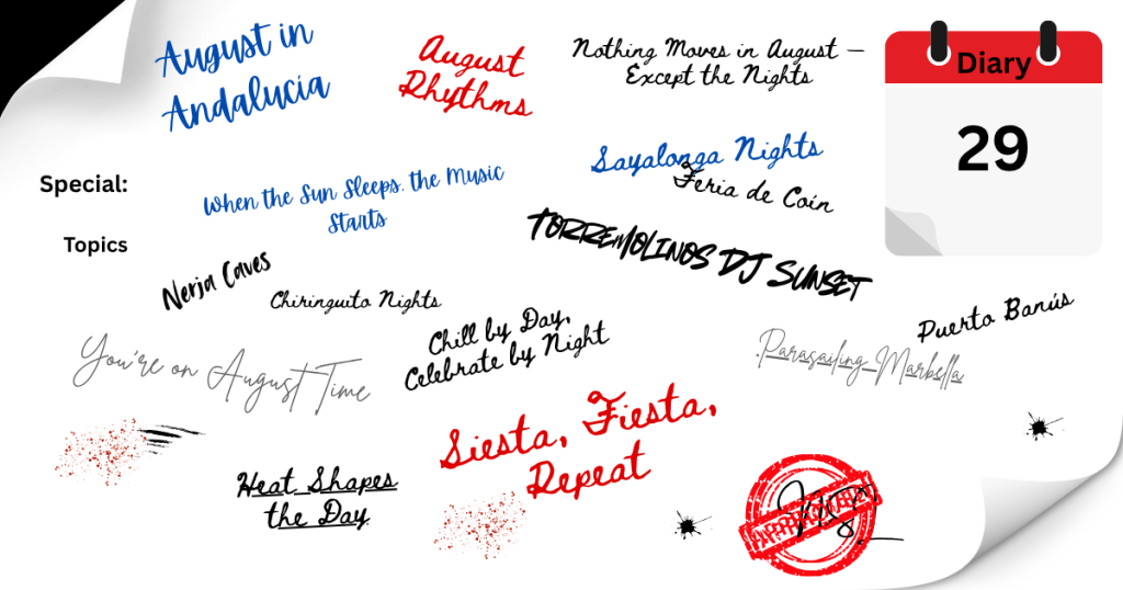 Hand-drawn visual of Weekly Diary EP29 featuring August events on the Costa del Sol, including ferias, rooftop concerts, catamaran parties, and night tours.