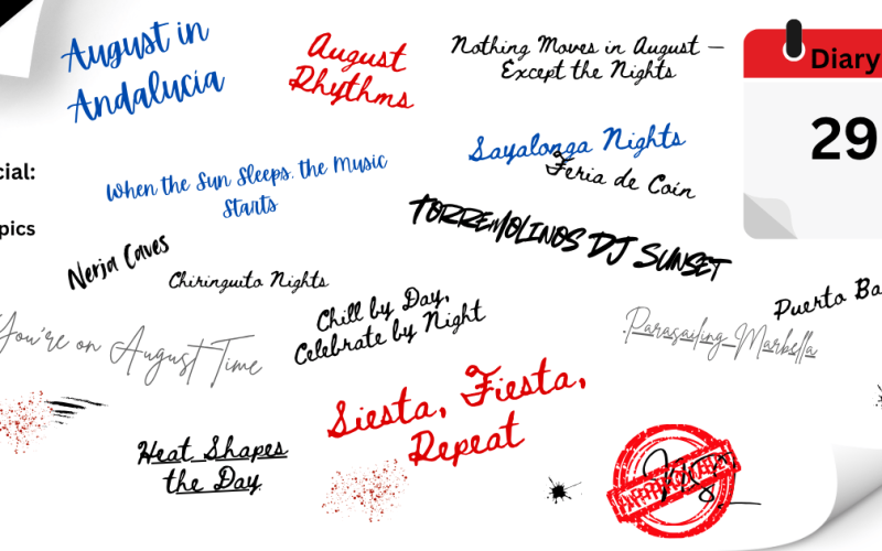 Hand-drawn visual of Weekly Diary EP29 featuring August events on the Costa del Sol, including ferias, rooftop concerts, catamaran parties, and night tours.