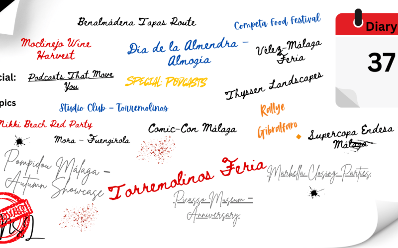 Handwritten-style episode board for Málaga Radio Weekly Diary Episode 37, highlighting events and topics like Torremolinos Feria, Día de la Almendra in Almogía, Moclinejo Wine Harvest, beach club closings, cultural exhibitions, and the special spotlight on podcasts.